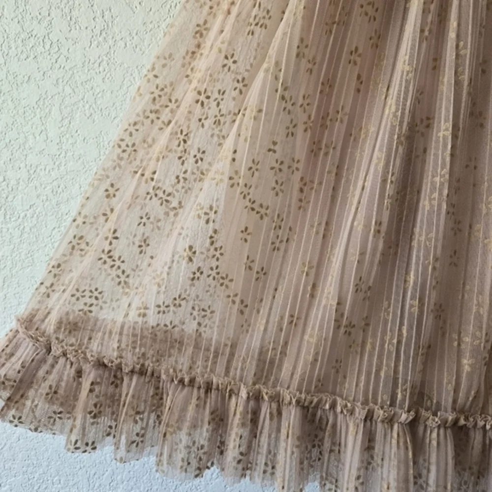 J Crew 8 Ruffly Tulle Midi dress Dusty Pink Micro Floral Ditsy Print Square Neck - Picture 6 of 10
